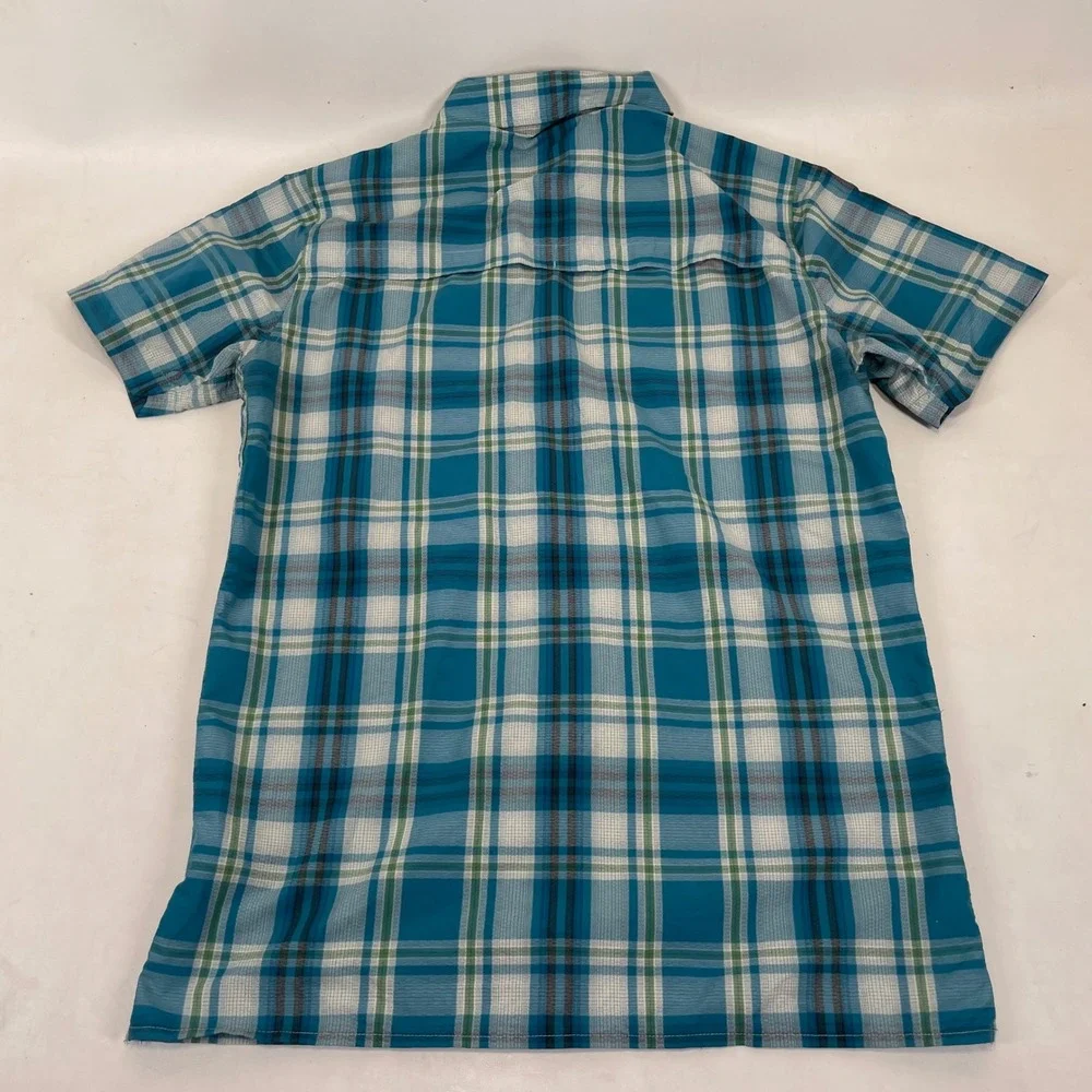 The North Face Mens Blue Plaid Short Sleeve Vented Hiking Button Up Shirt Small